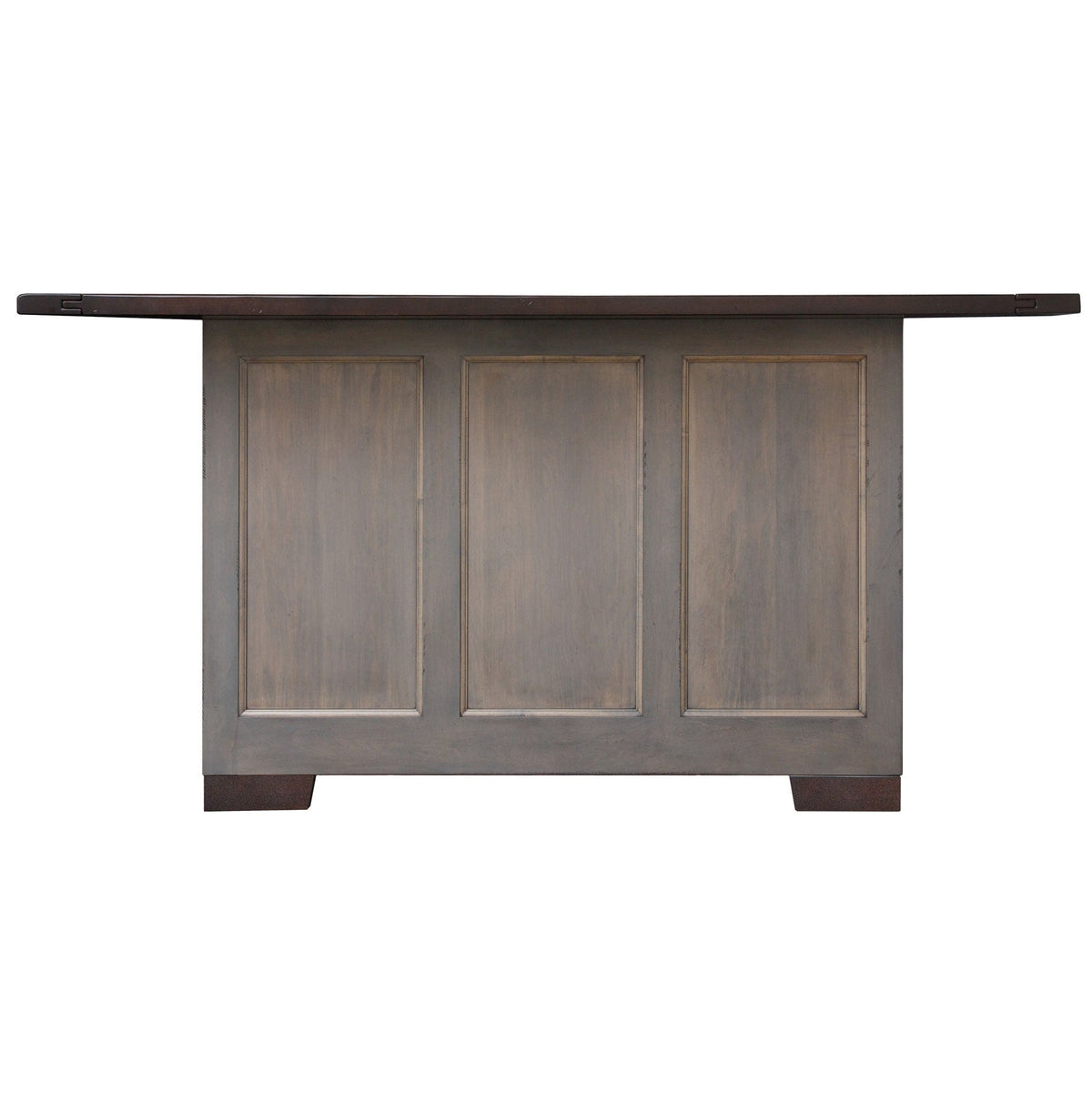 Back view of the gray solid wood kitchen island showing three recessed panels and the extended breakfast bar overhang
