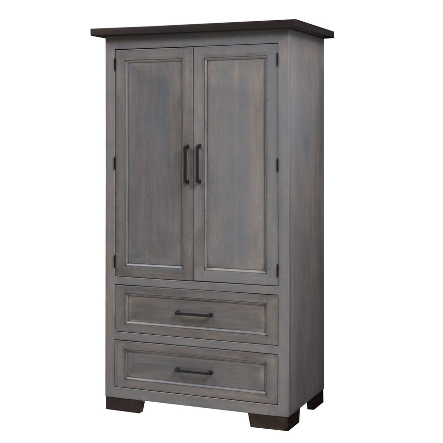 Gray two-door armoire with paneled doors, two bottom drawers, black bar pulls and a dark top