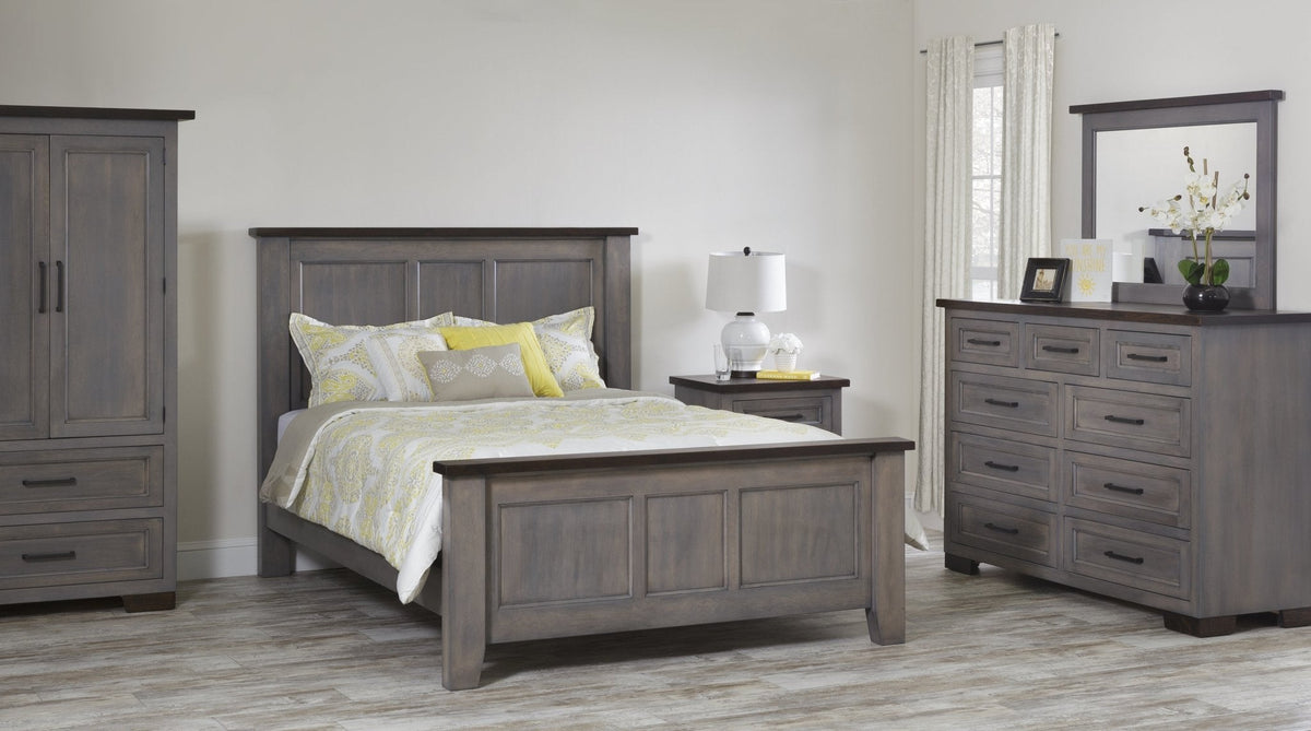 Gray bedroom furniture set with panel bed, armoire wardrobe, nightstand and nine-drawer dresser with mirror, all in a two-tone gray finish