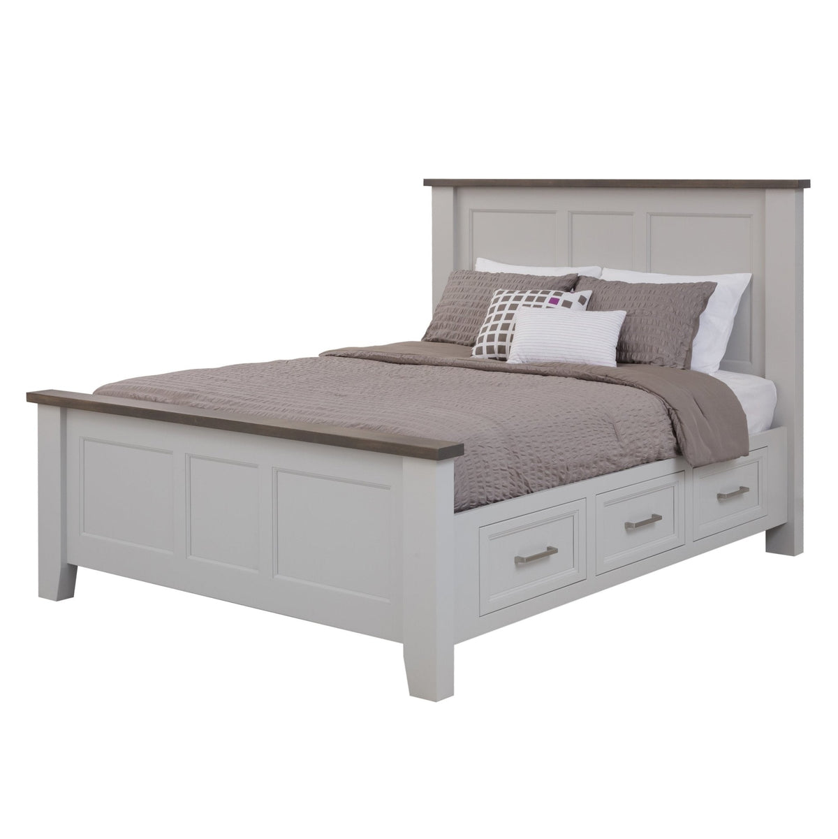 White painted storage bed with a driftwood gray top rail and three under-bed storage drawers with brushed nickel pulls along the side rail