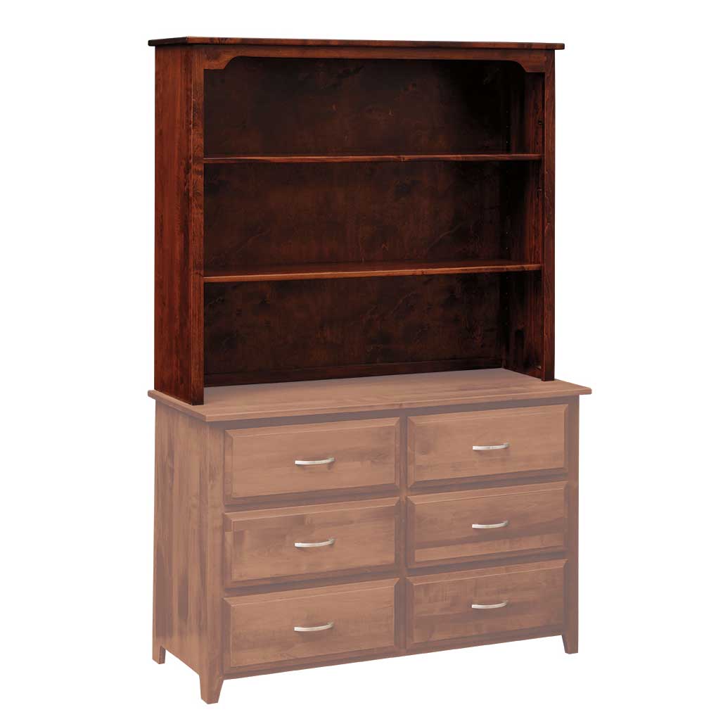 Cherry stained hutch top with two adjustable shelves and arched valance sitting on a six drawer dresser