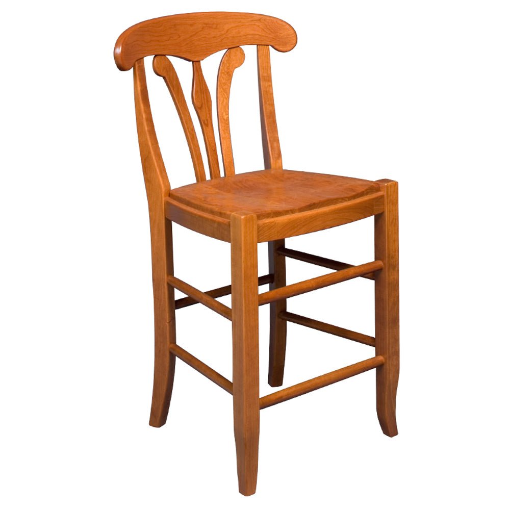 Cherry counter stool with a rounded crest rail, split urn splat back, wood seat and stretcher braced legs
