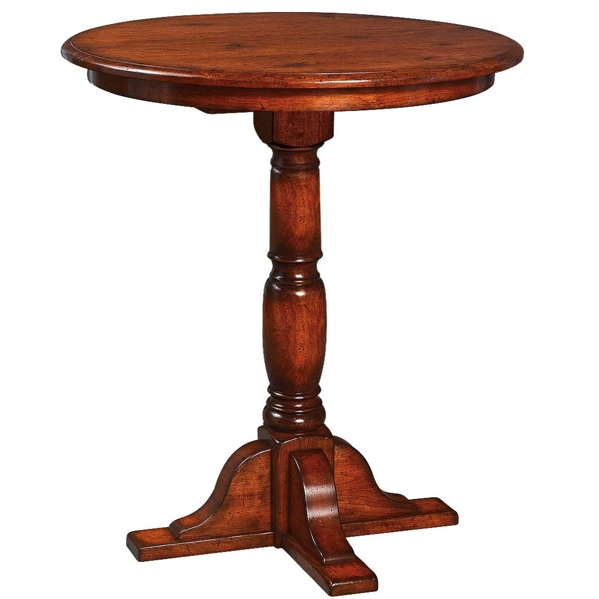 Round pub table in a rich cherry finish with turned pedestal and shaped cross base on a white background