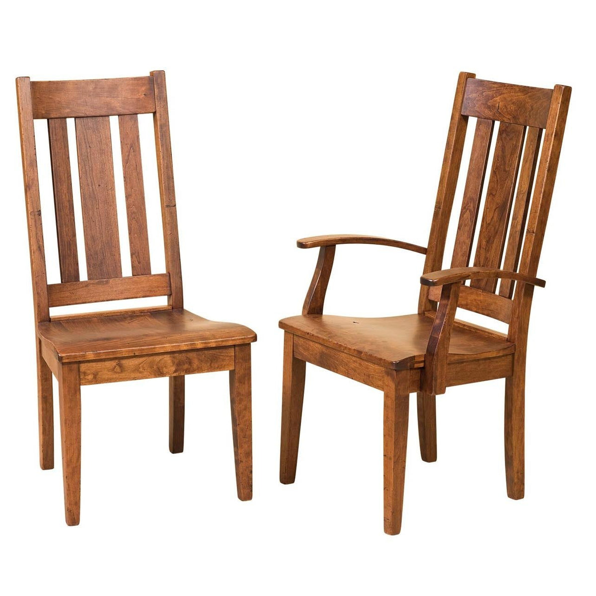 Slat back side chair and matching arm chair in warm brown cherry shown together on a white background