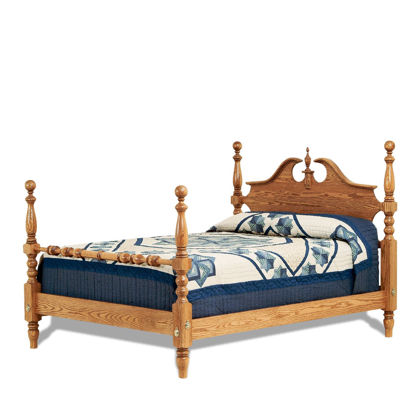 Oak cannonball post bed with a broken-arch pediment headboard and blue star quilt in a colonial bedroom with samplers