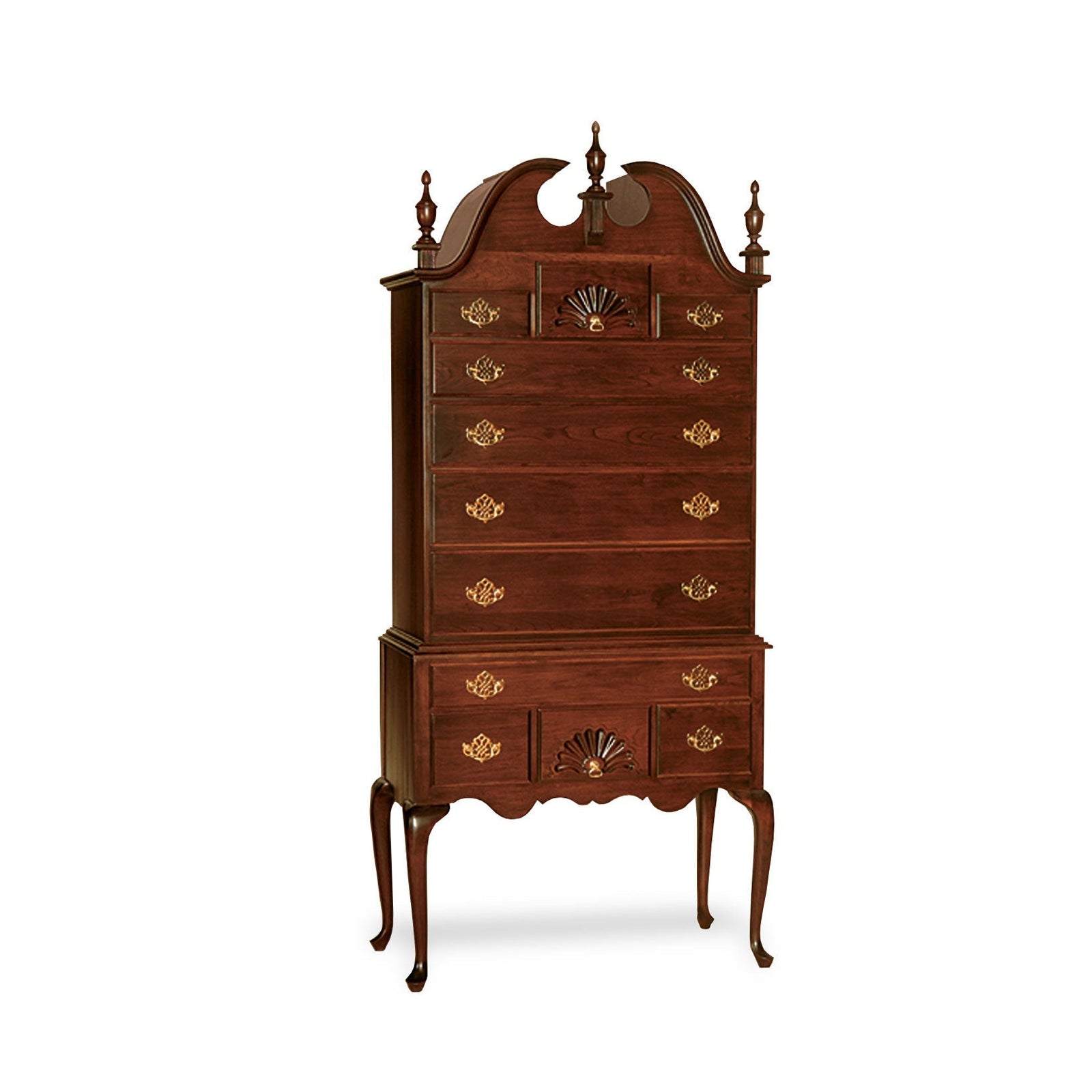 Chippendale style cherry highboy chest with bonnet top, urn finials, carved fan drawer and brass batwing pulls
