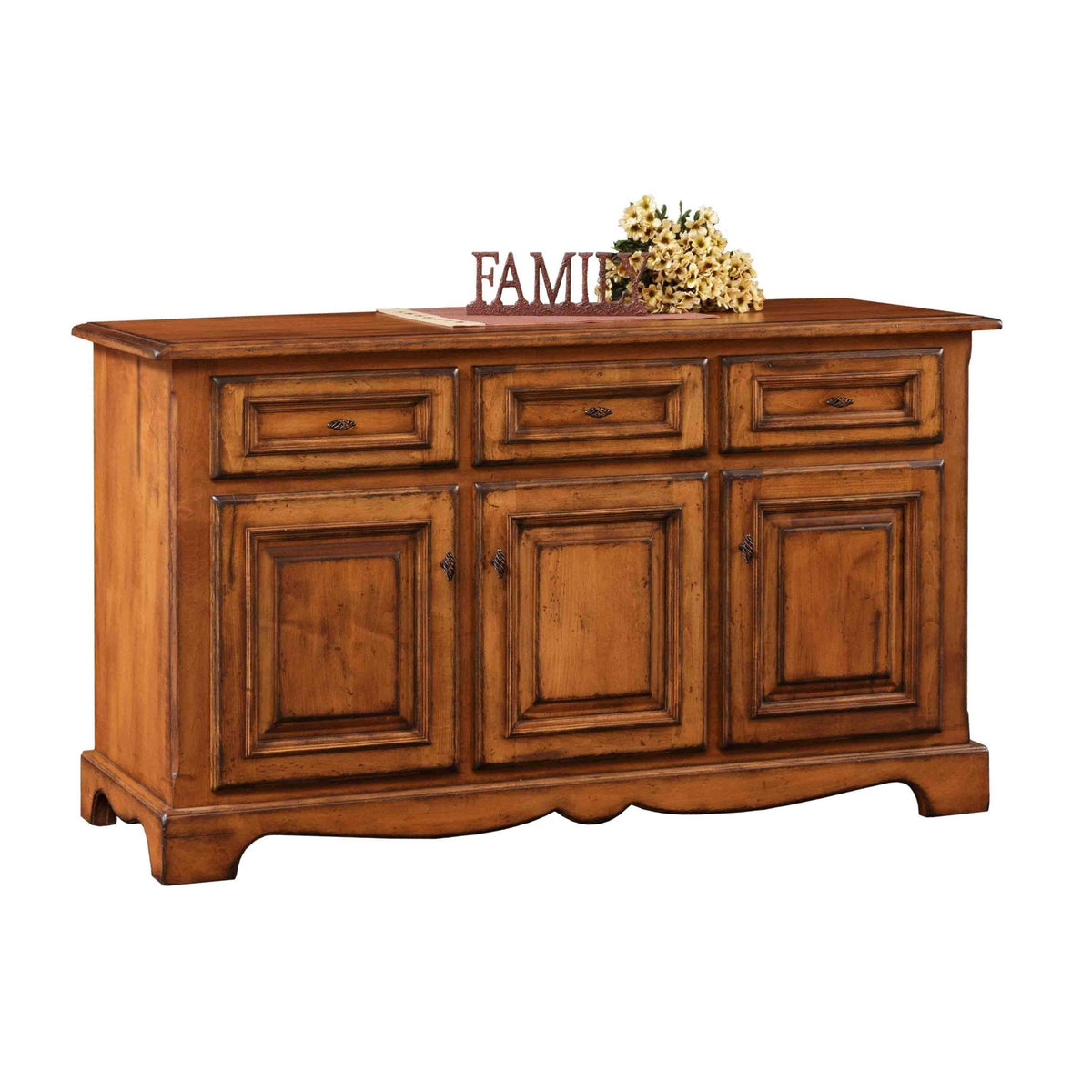 Honey stained buffet with three drawers, three raised panel doors, a scalloped skirt and a Family sign on top