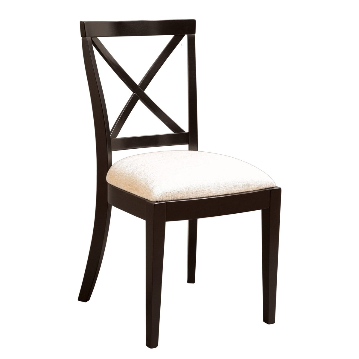 Black finished X back dining chair with a cream upholstered seat and flared rear legs on a white background