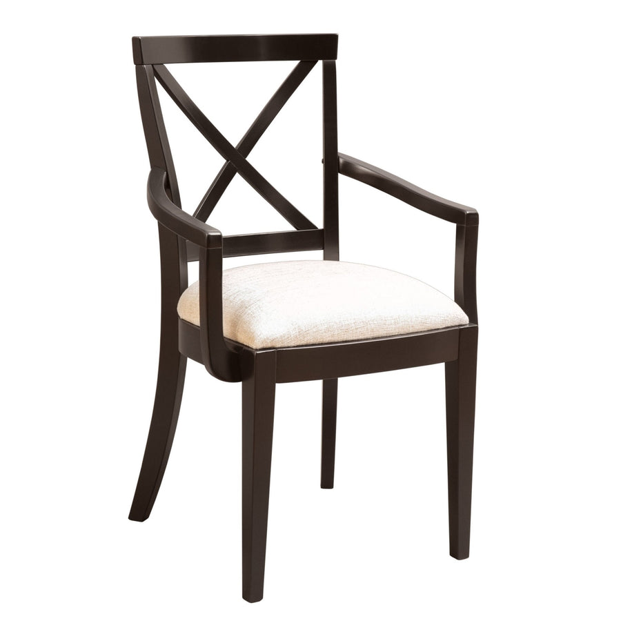 X back dining arm chair in a dark black finish with cream fabric seat and gently curved open arms