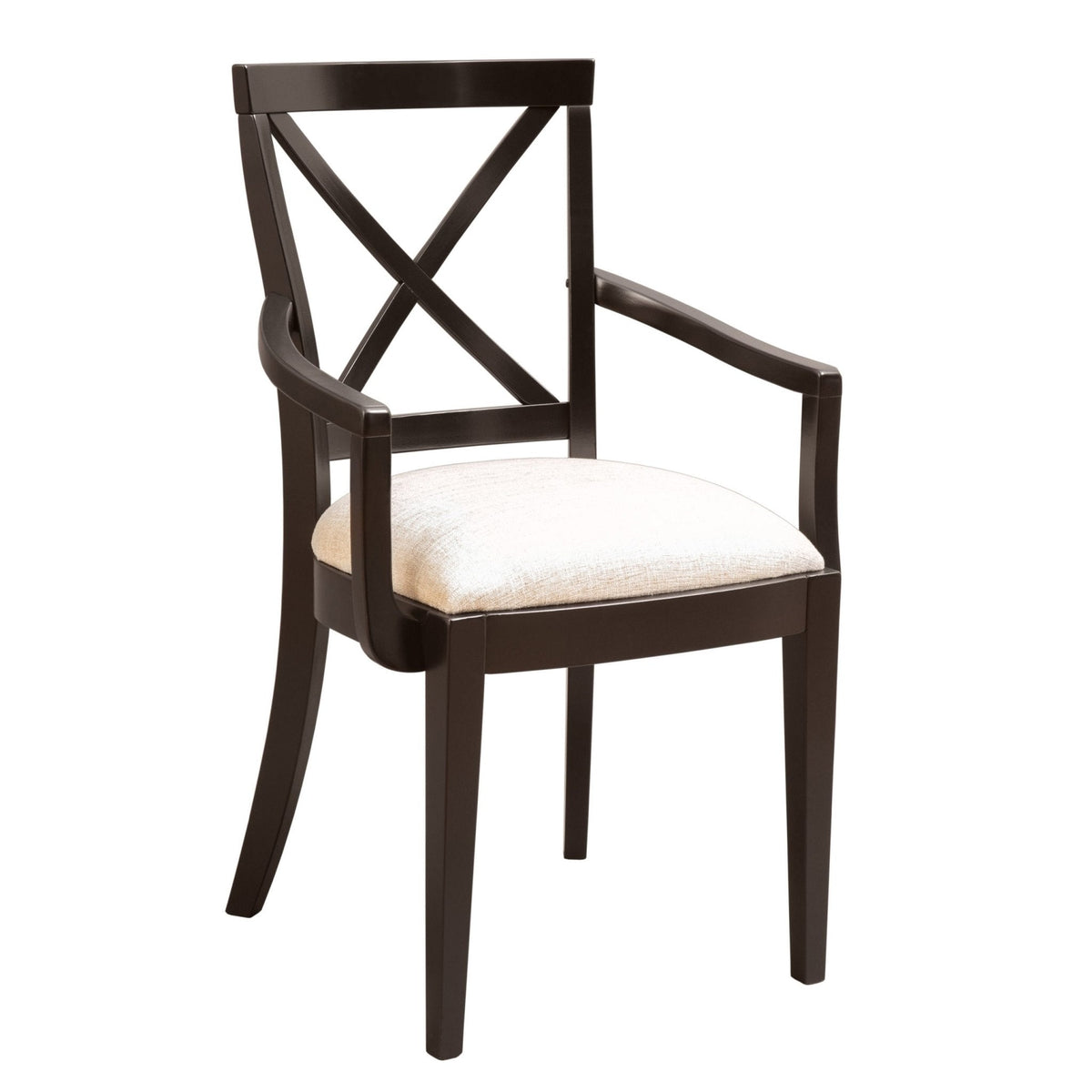 X back dining arm chair in a dark black finish with cream fabric seat and gently curved open arms