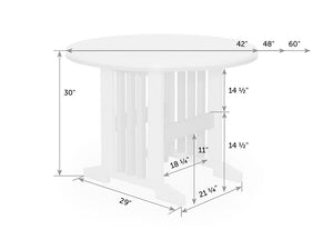 Dimension diagram of the round patio dining table: 42, 48 and 60 inch tops at 30 inch height on a slat pedestal