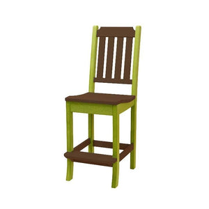 Lime green and brown poly bar chair with a vertical slat back, contoured seat and footrest bar