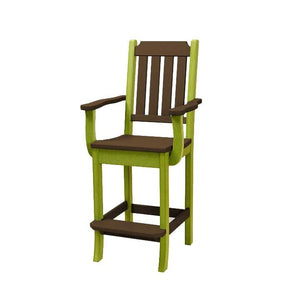 Green and brown poly bar height arm chair with slat back, curved arms and low footrest