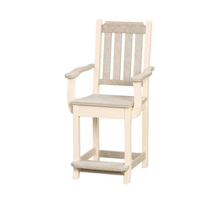 Ivory and gray poly counter height arm chair with vertical back slats, curved arms and footrest