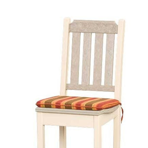 Cream slat back poly patio chair fitted with a striped orange and green seat cushion