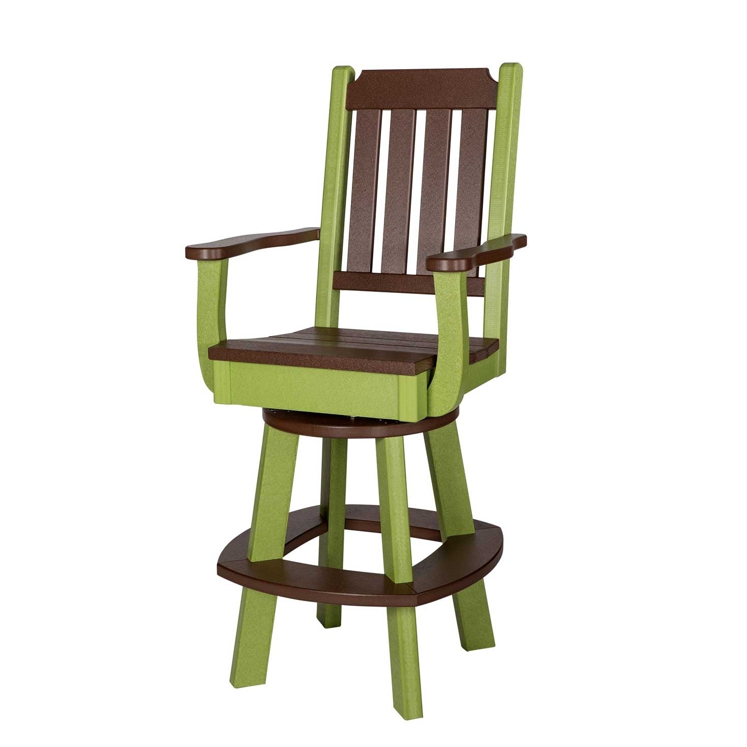 Cedar poly swivel bar chairs with red cushions around a tall pub table on a city rooftop deck
