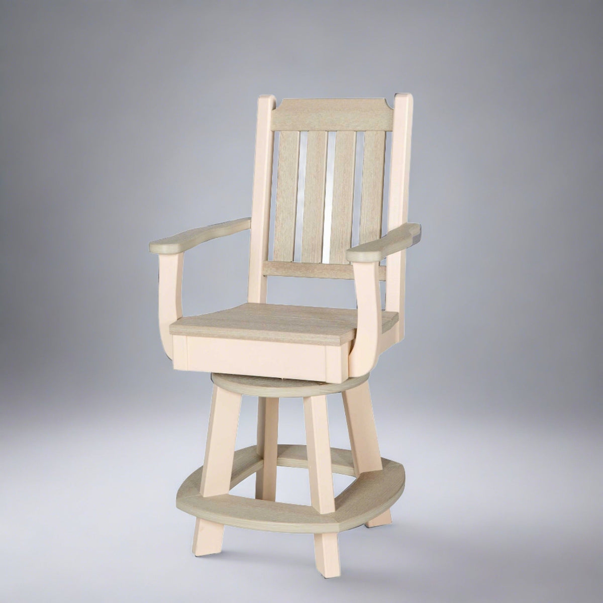 Cream and driftwood poly swivel counter chair with slatted back, arms and round foot ring