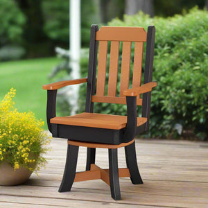 Black and cedar poly swivel dining chair with slat back and curved arms on a garden deck