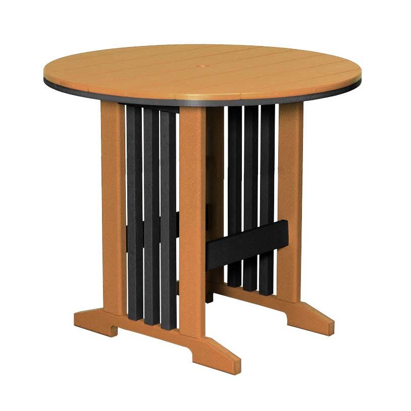 Cedar and black poly round bar height table with a slatted double pedestal and umbrella hole
