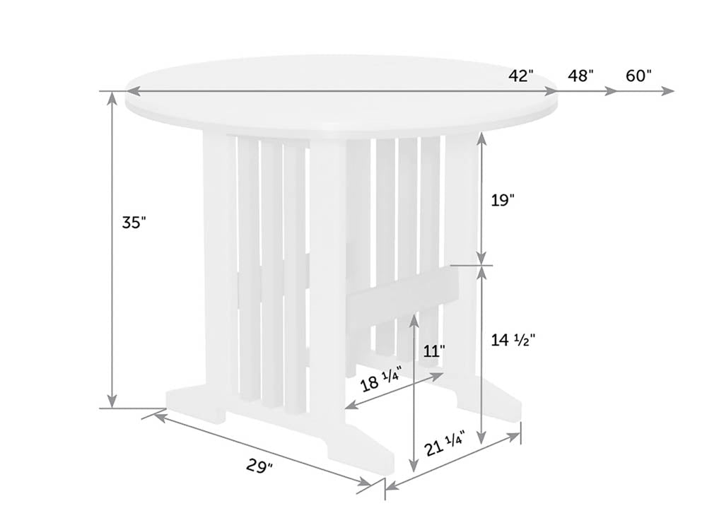 Dimension diagram of the round counter table: 42 to 60 inch tops, 35 inch height, 19 inch clearance