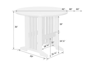 Dimension diagram of the round counter table: 42 to 60 inch tops, 35 inch height, 19 inch clearance