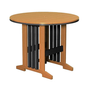 Cedar topped round poly counter table with black slat pedestals and wide trestle feet