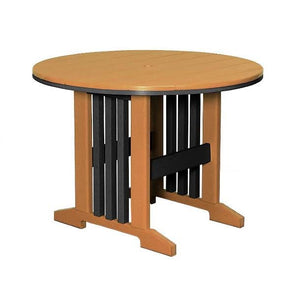 Cedar and black round poly patio dining table with slat pedestal base and center umbrella hole