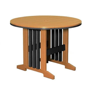 Cedar and black round poly patio dining table with slat pedestal base and center umbrella hole
