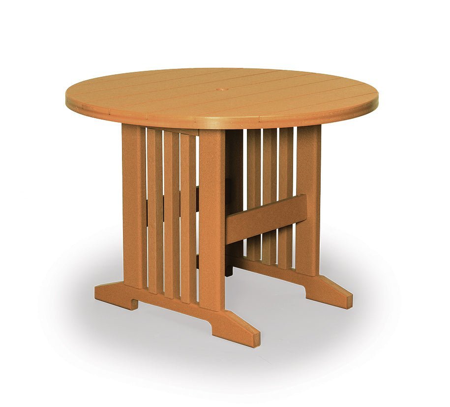 Cedar and black round poly patio dining table with slat pedestal base and center umbrella hole