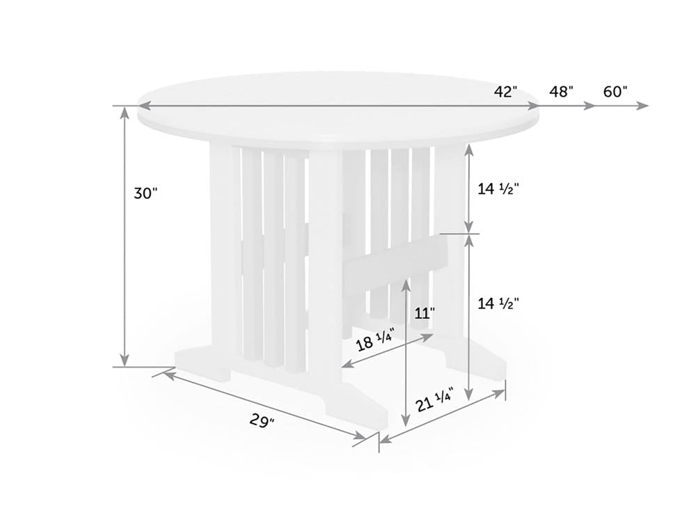 Dimension diagram of the round dining table: 42, 48 and 60 inch tops at 30 inch height, 29 inch foot span