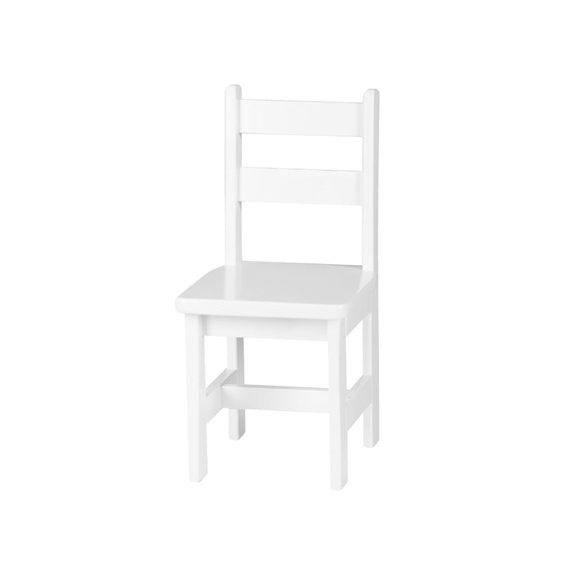 Child's wooden chair painted white, with a two-slat ladder back, solid seat and square legs joined by stretchers