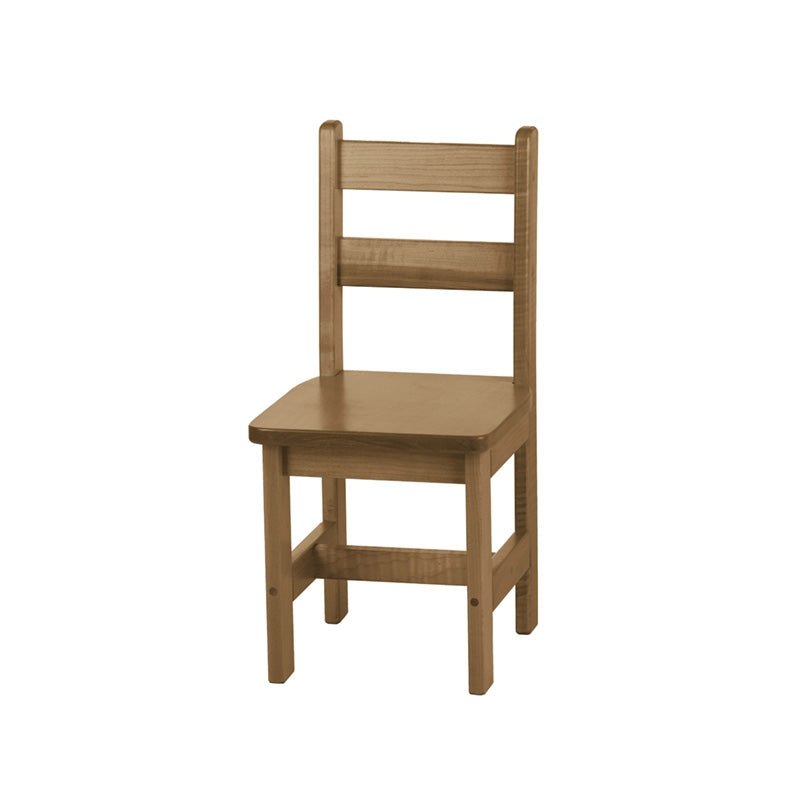 Child's wooden chair painted white, with a two-slat ladder back, solid seat and square legs joined by stretchers