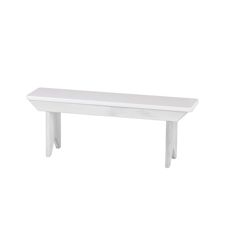 Kid's dining bench painted white, a narrow plank seat on two shaped slab legs with a notched cutout