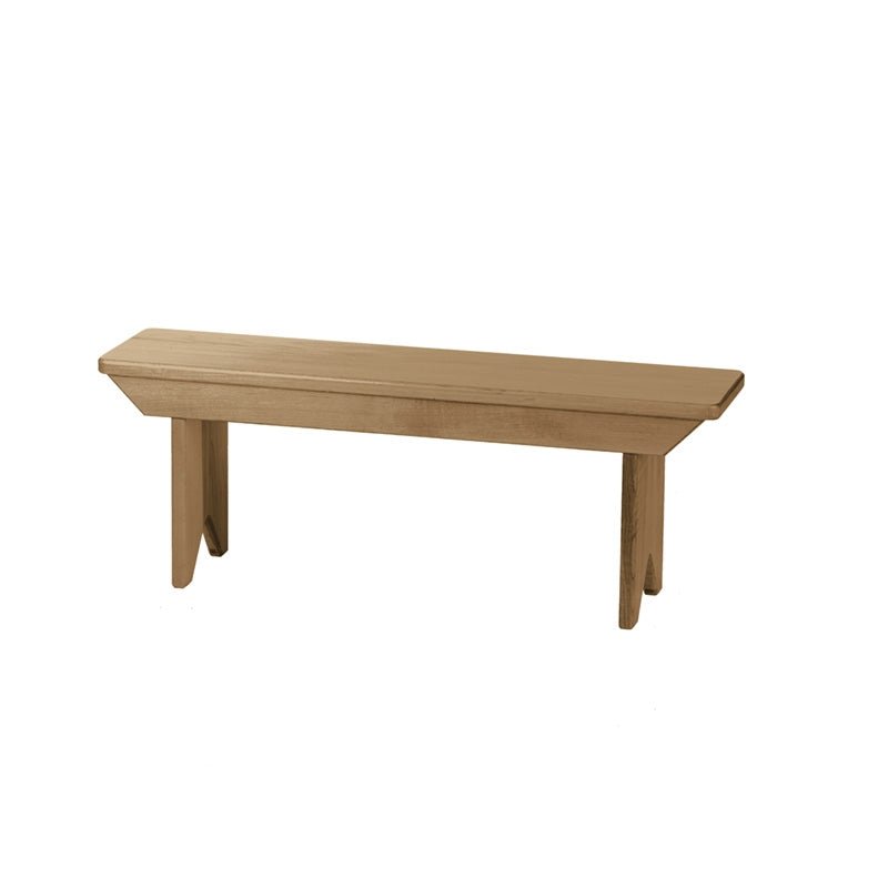 Kid's dining bench painted white, a narrow plank seat on two shaped slab legs with a notched cutout