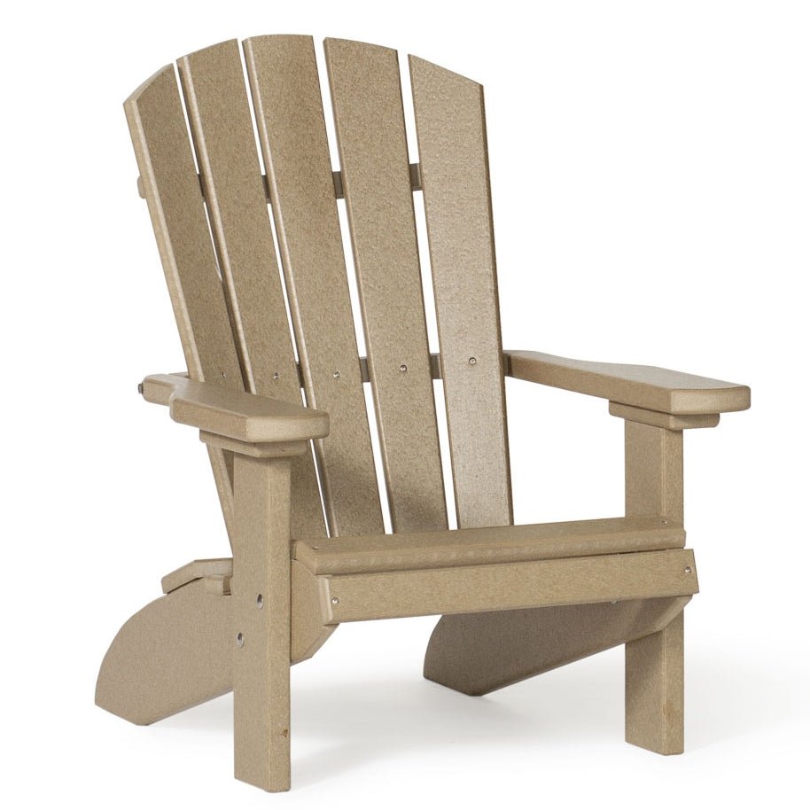 Tan child size poly Adirondack fanback chair with five back slats and wide flat arms on a white background