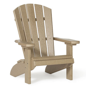 Tan child size poly Adirondack fanback chair with five back slats and wide flat arms on a white background