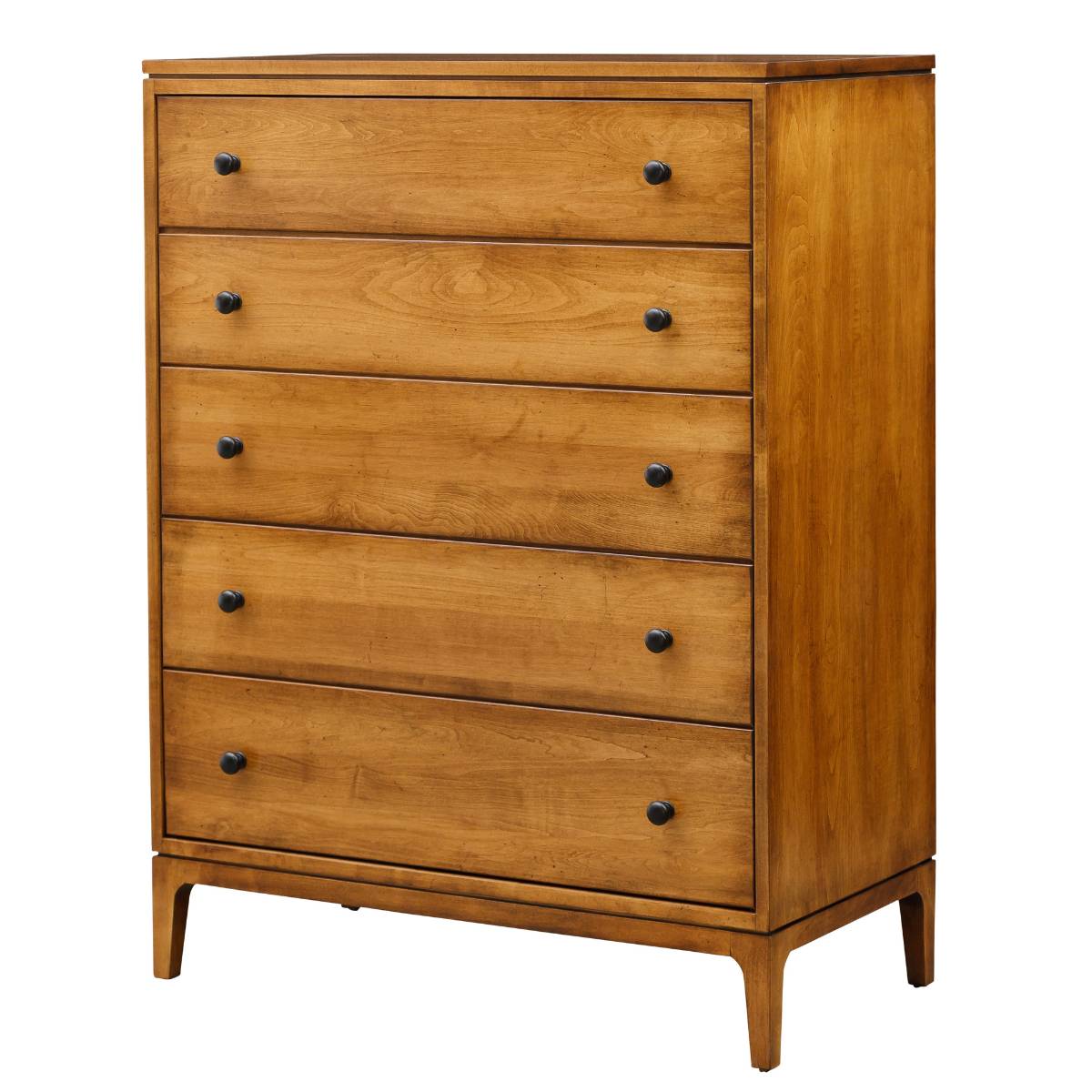 Five-drawer maple mid century chest of drawers with black knobs, styled with a horse statue and potted plant