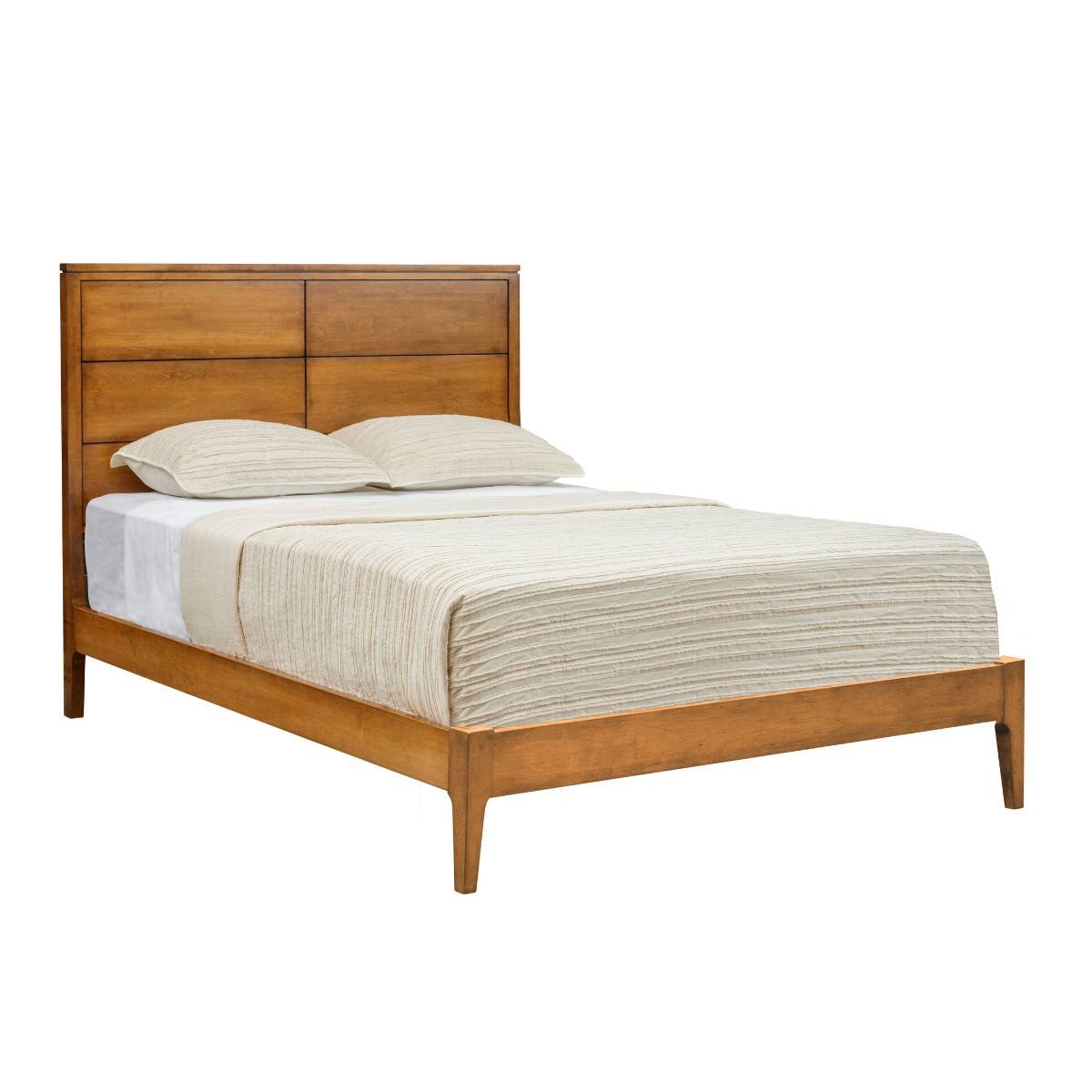 Maple mid century bed with paneled headboard and open low side rails, dressed in a cream ribbed coverlet