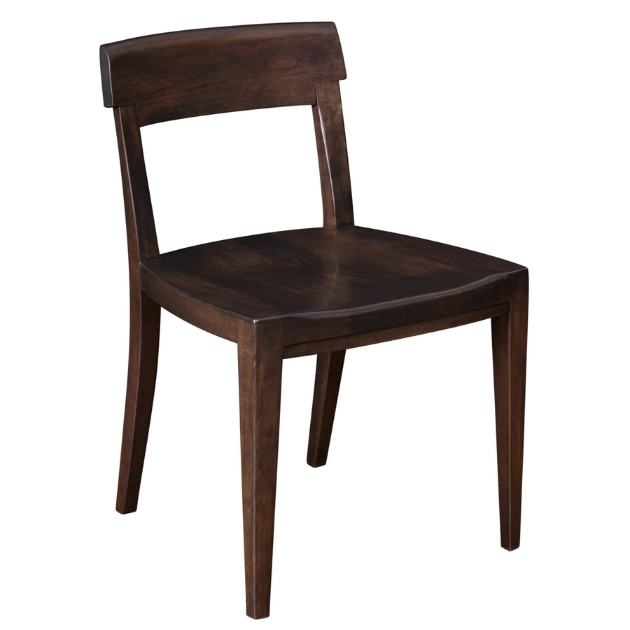 Modern dining side chair in a dark brown finish with a curved wraparound crest rail and scooped wood seat