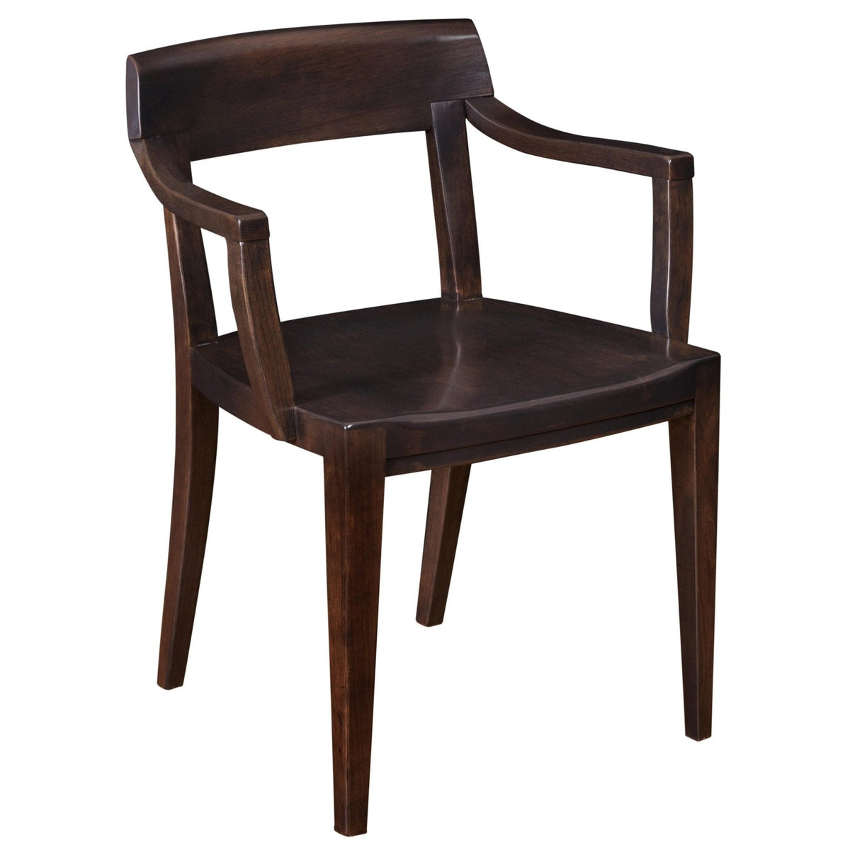 Modern wood dining arm chair in dark walnut with sculpted back rail, contoured seat and tapered legs