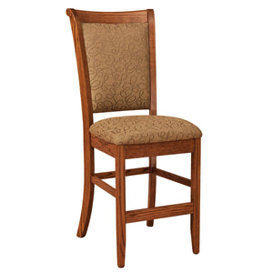 Oak counter height bar chair with a tan patterned upholstered back panel and matching padded seat