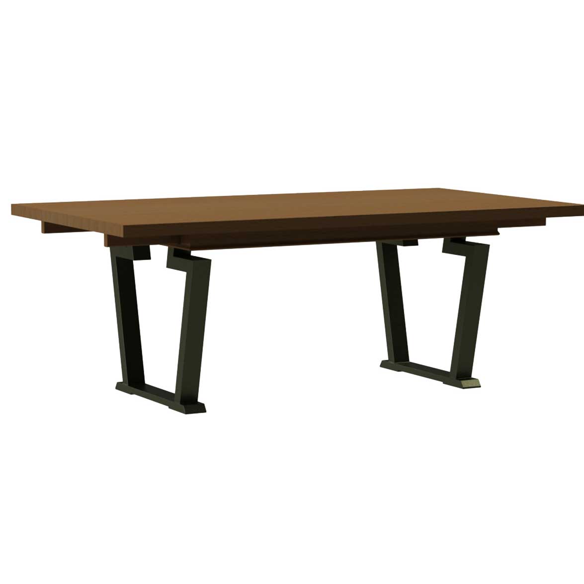 Live edge dining table with a walnut plank top on angular black steel trestle legs on a white background