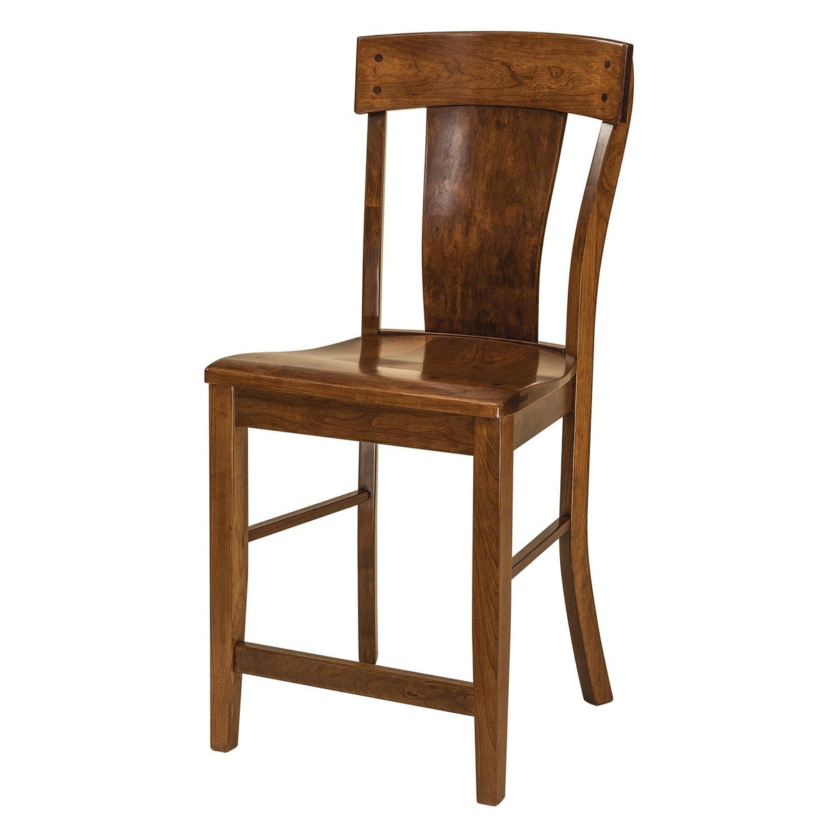 Counter height bar chair in warm brown maple with a curved solid back panel, saddle seat and footrests