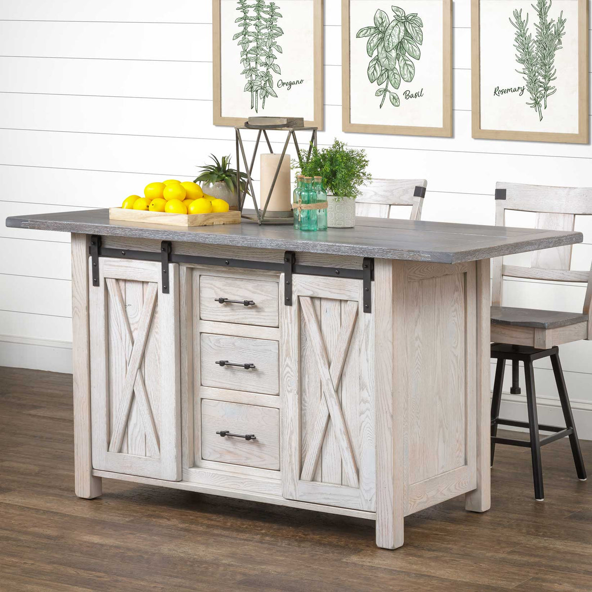 Amish Lahoma 66&quot; Rustic Oak Whitewash Kitchen Island - As Shown - snyders.furniture