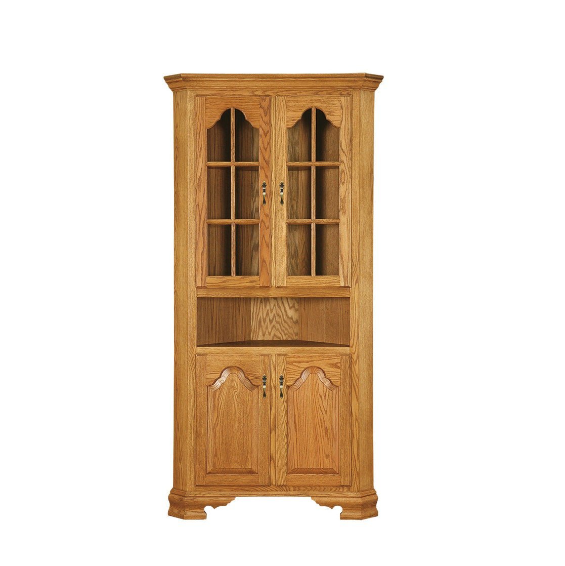 Oak corner china cabinet with arched glass doors over an open shelf and two raised panel base doors