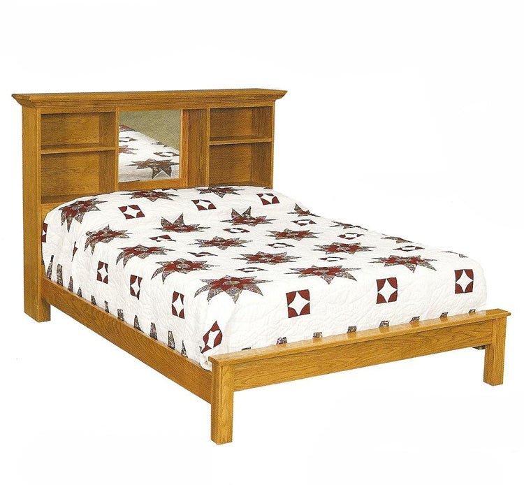 Bookcase headboard platform bed in golden oak with side cubbies and a center mirror panel