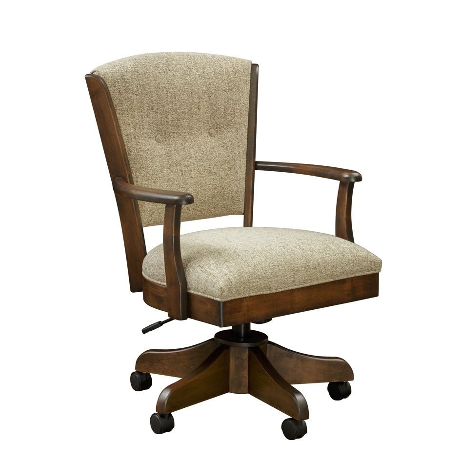 Upholstered swivel desk chair in a tweed beige fabric with dark stained maple arms, gas-lift lever and rolling caster base