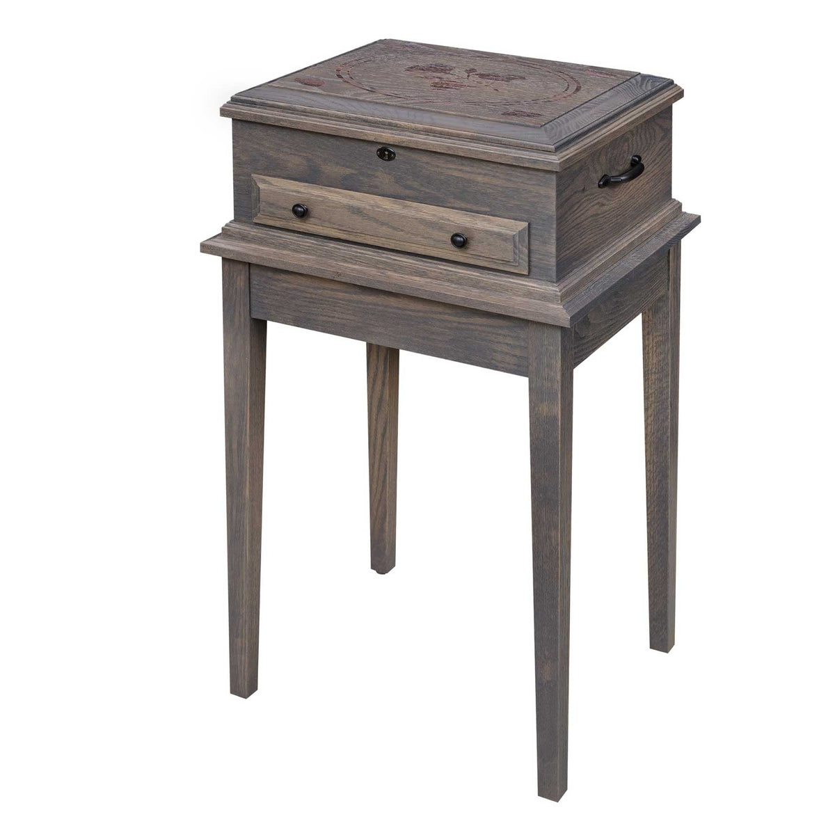 Weathered gray oak jewelry chest with lift lid and drawer on a tall four leg stand with black hardware
