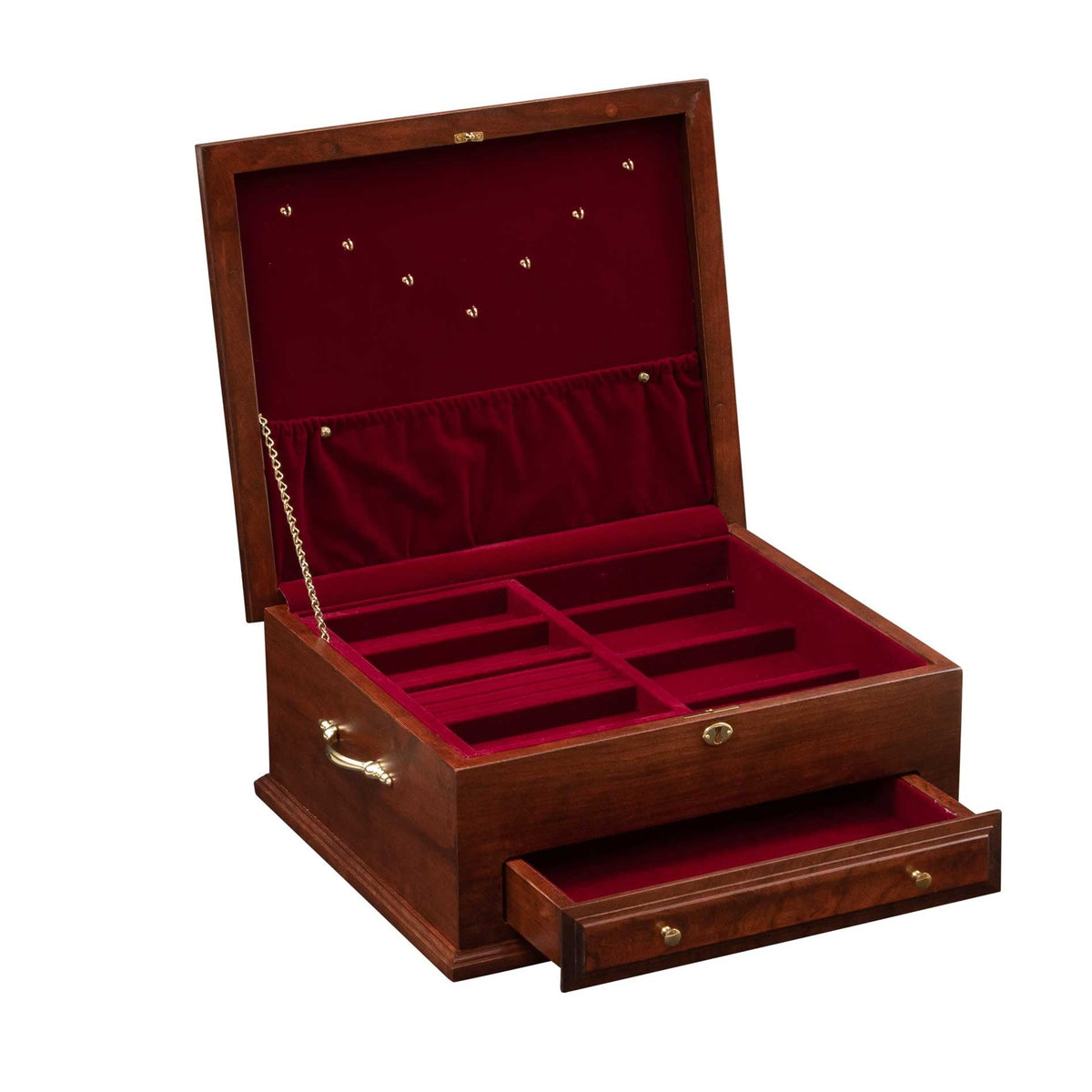 Open jewelry chest showing red velvet lined compartments, ring rolls, lid necklace hooks and a pull out drawer