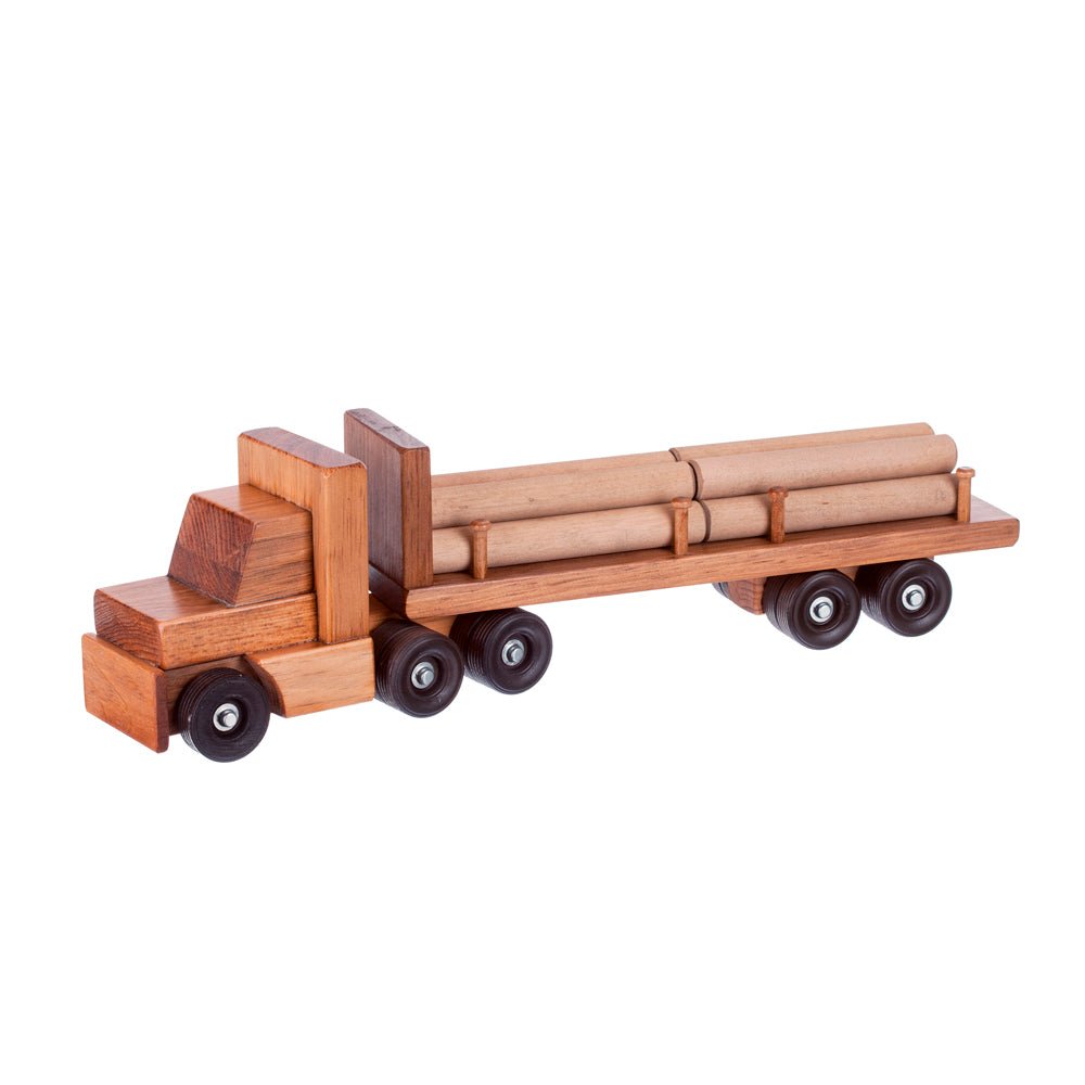 Large wooden log truck toy with a stained cab, flatbed trailer stacked with three wooden logs and black rubber wheels